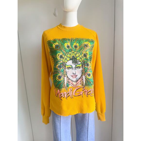 Vintage 80s Sweatshirt Mardi Gras Large Graphic Bright Size L Jerzees tag Fun - Picture 6 of 6